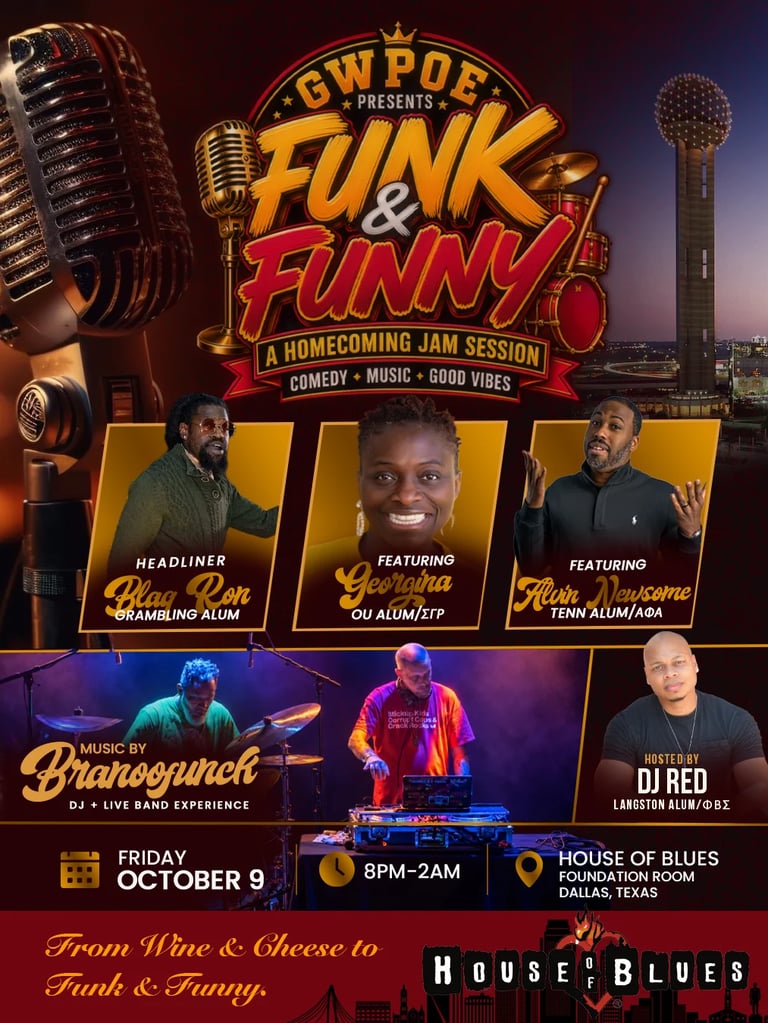 Promotional poster for Funk & Funny homecoming jam session featuring live music, comedy, and performers at House of Blues Dallas on October 9