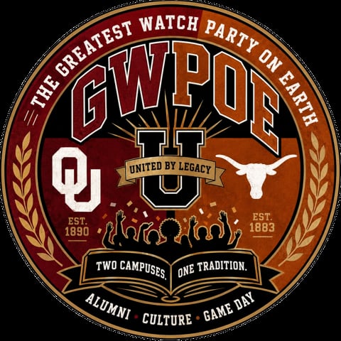 GWPOE logo featuring OU and Texas mascots with text United by Legacy and Two Campuses One Tradition