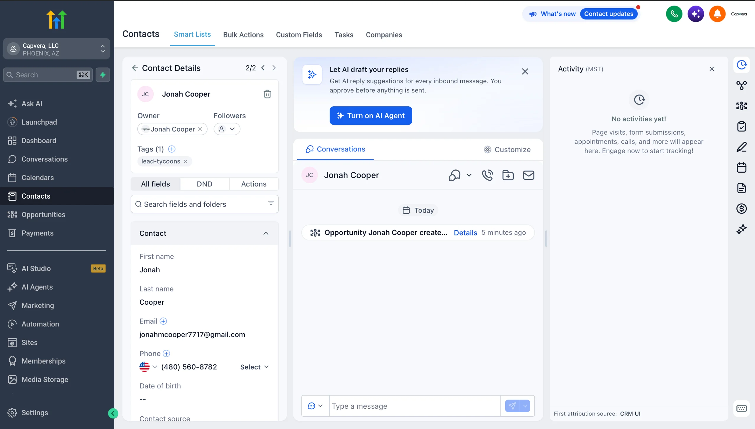 CRM contact management interface showing James Coopers details with contact information, communication history, and activity log