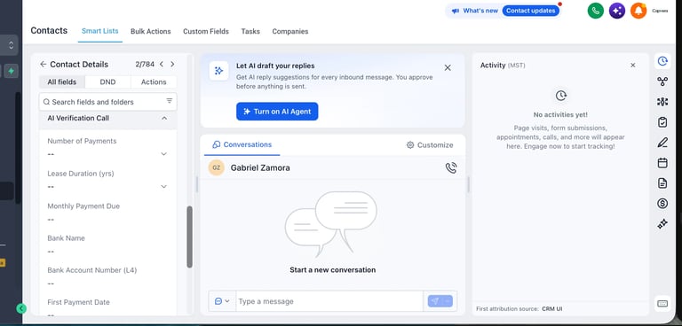 CRM contact management interface showing contact details panel, conversations with Gabriel Zamora, and activity feed with messaging options