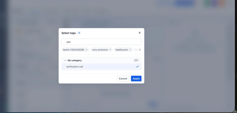 Dialog box for selecting tags with dropdown options and Cancel and Apply buttons