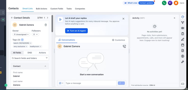 CRM interface showing contact details for Gabriel Zamora with conversation panel and activity feed on the right