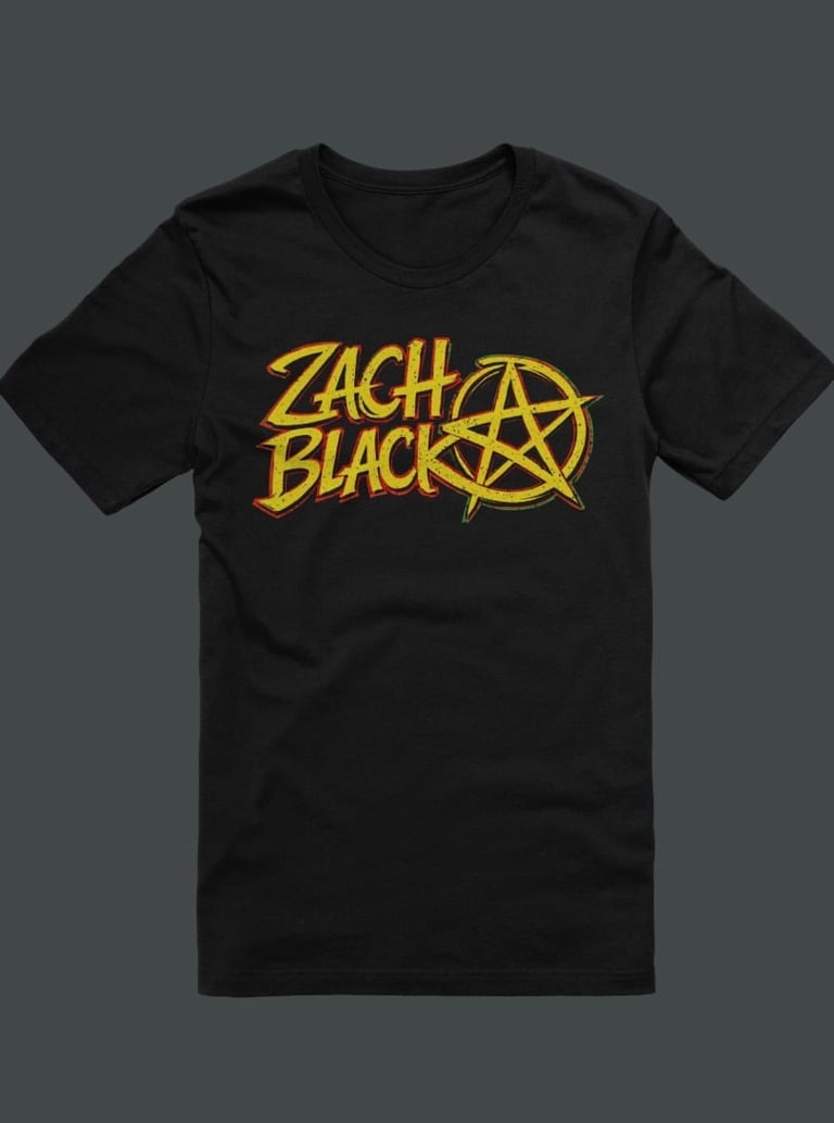 Black t-shirt with yellow Zach Black logo and pentagram design on the front