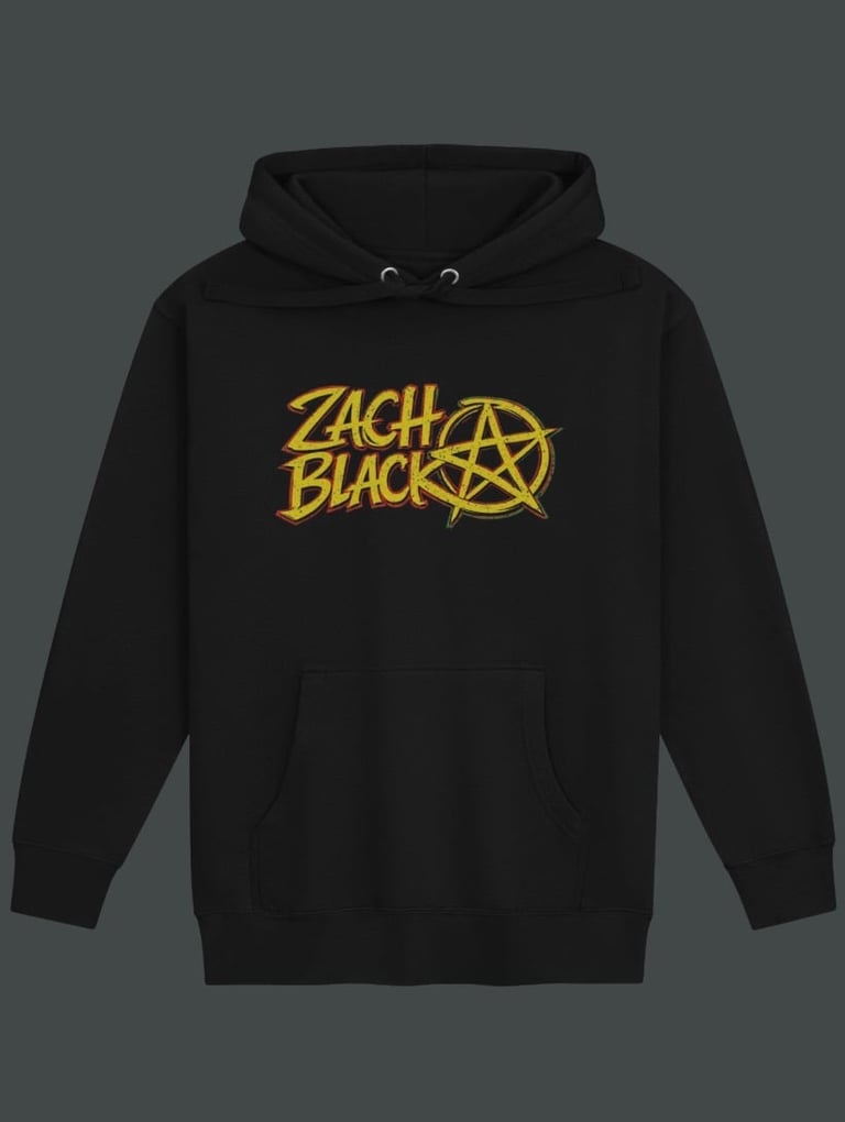 Black hoodie with yellow Zach Black logo and pentagram graphic on front