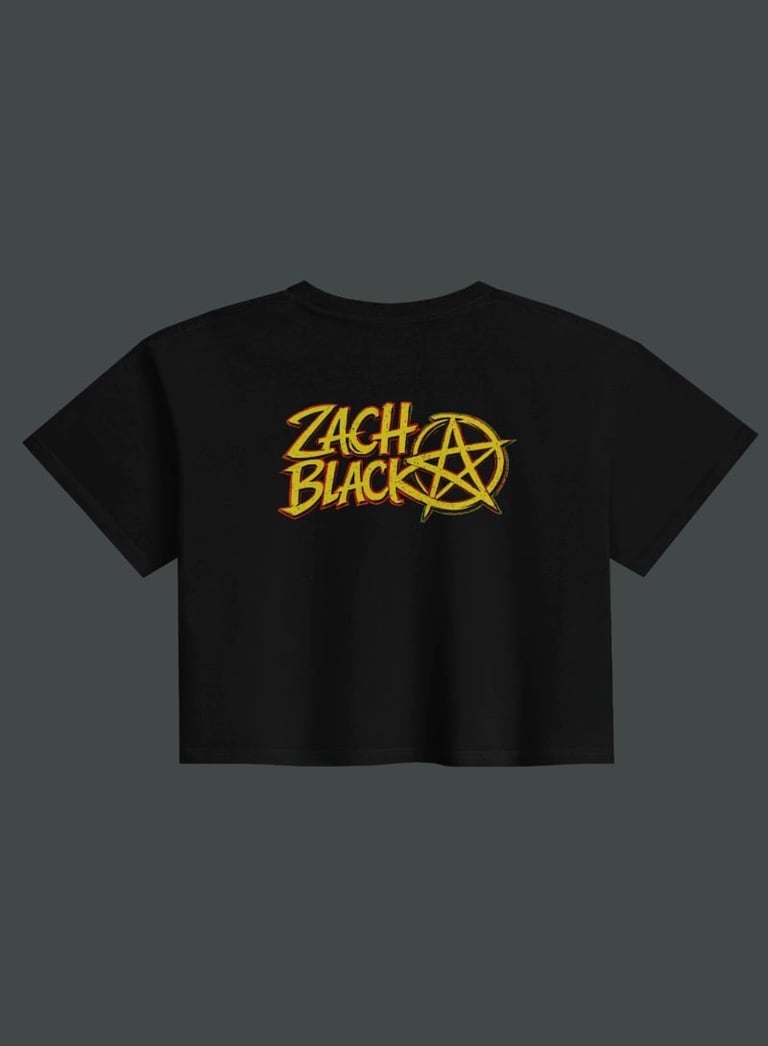 Black cropped t-shirt with yellow Zach Black graphic logo and pentagram design on front