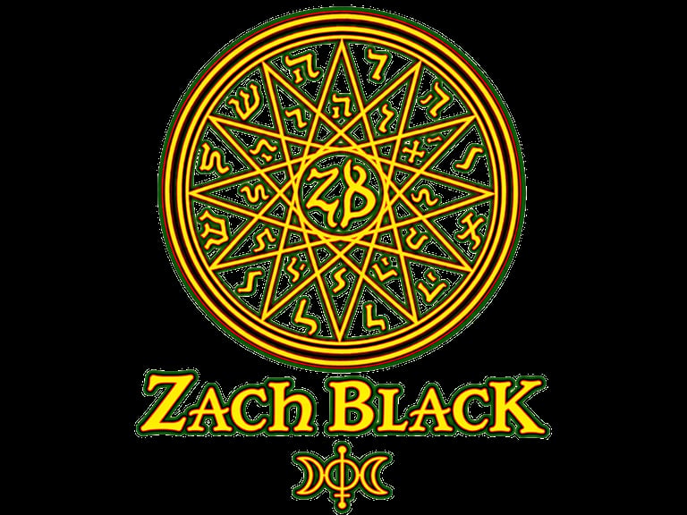 Zach Black logo featuring golden circular geometric symbol with zodiac signs and text on black background