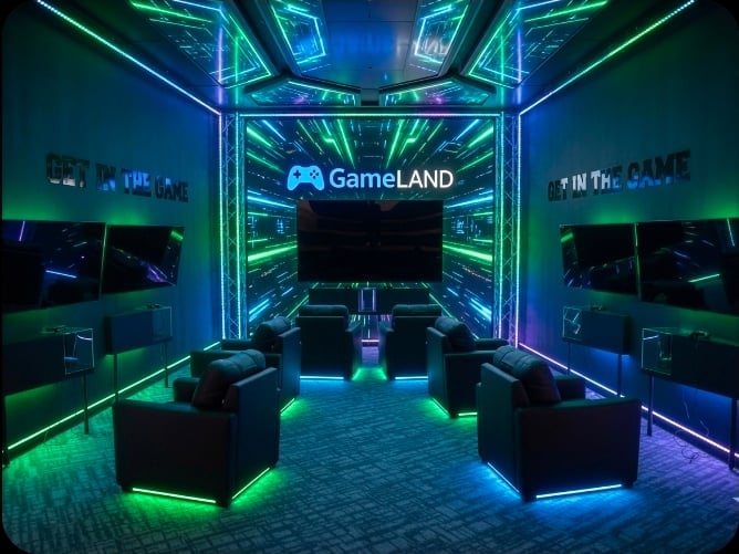 GameLAND neon gaming arena with glowing green and blue lights, gaming chairs, and digital displays in symmetrical layout