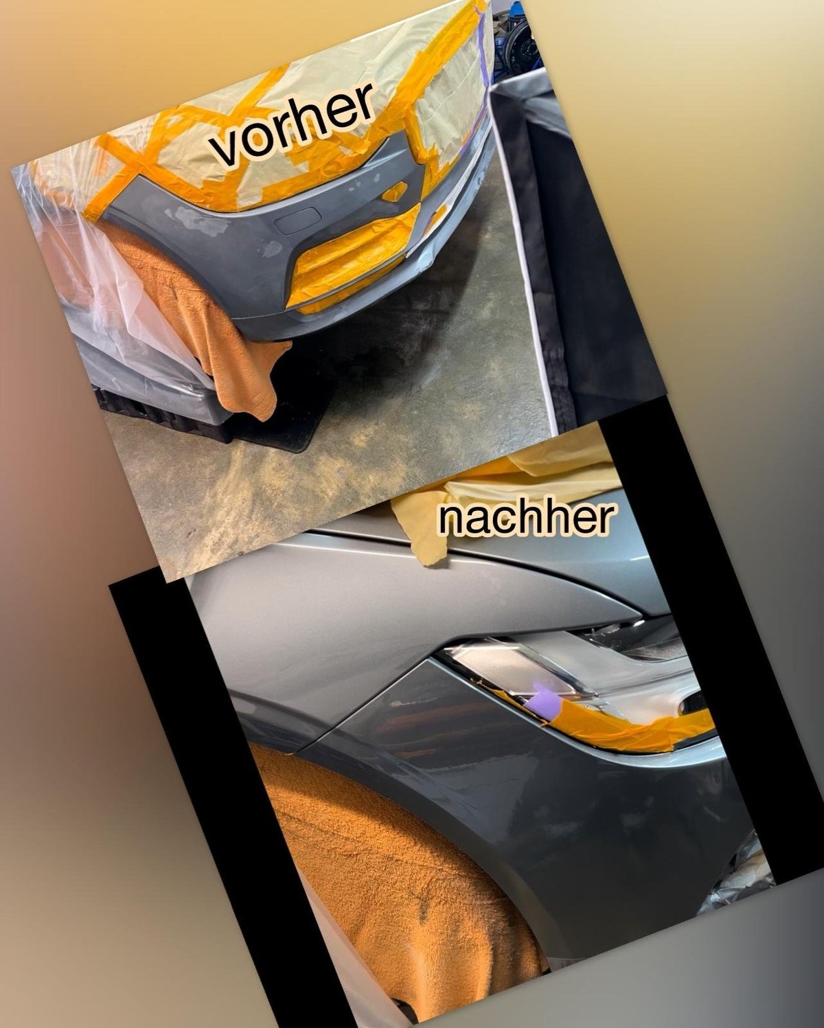 Vorher-Nachher-Vergleich einer Smart Repair Lackreparatur an einer Stoßstange