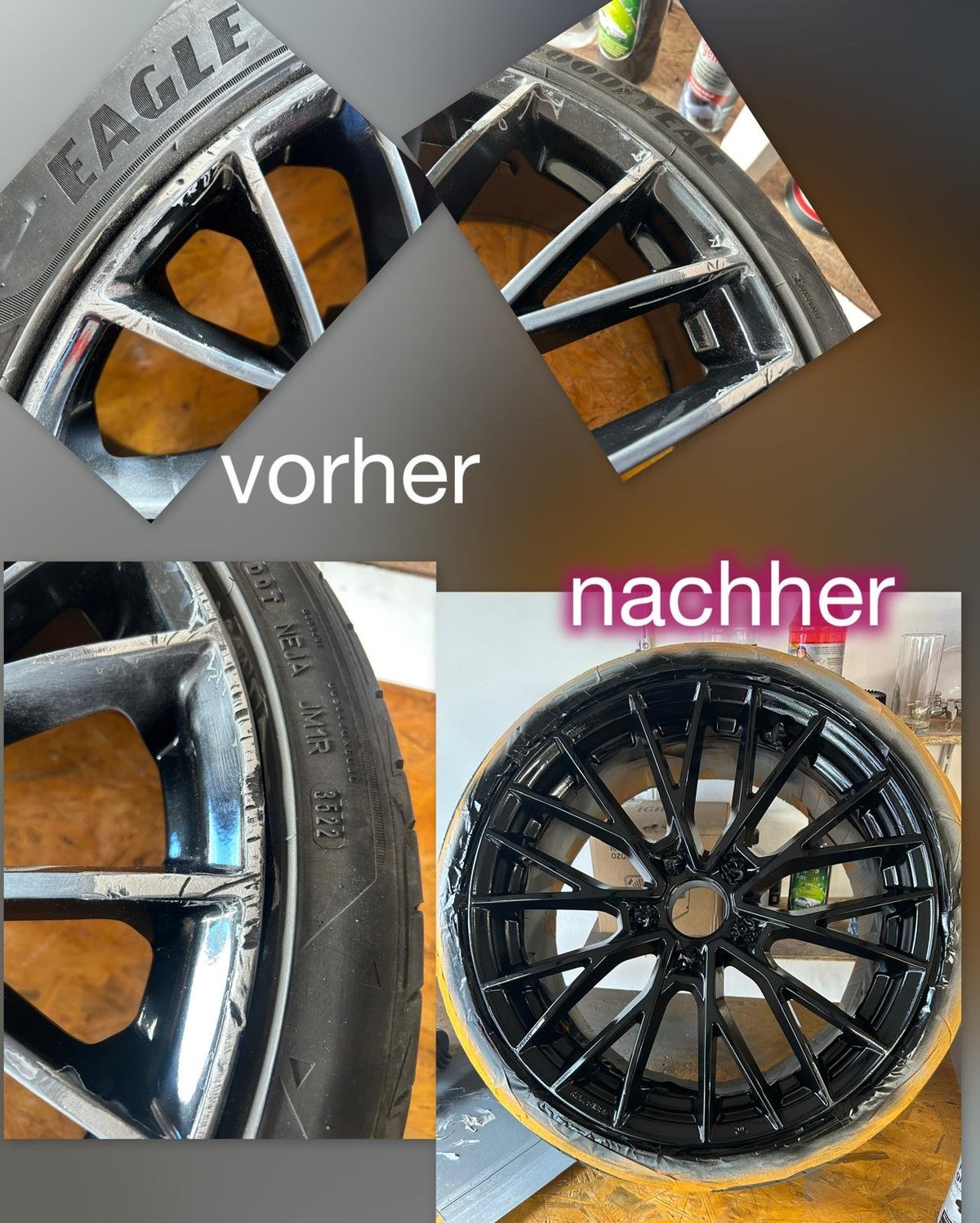 Vorher-Nachher-Vergleich einer Felgenreparatur – von beschädigter Chromfelge zu hochglänzender schwarzer Felge