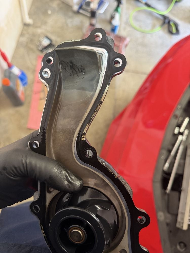 Close-up of a vehicle engine water pump gasket held in a gloved hand during inspection