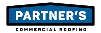 Partners Commercial Roofing logo with blue banner and black border