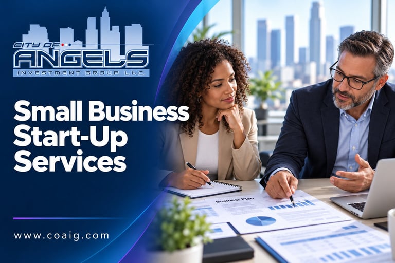 Business professionals discussing small business start-up services with city skyline background and financial charts