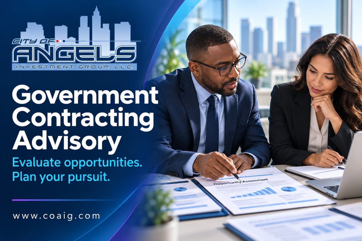 Two business professionals reviewing government contracting documents at a desk with cityscape background and COAIG branding