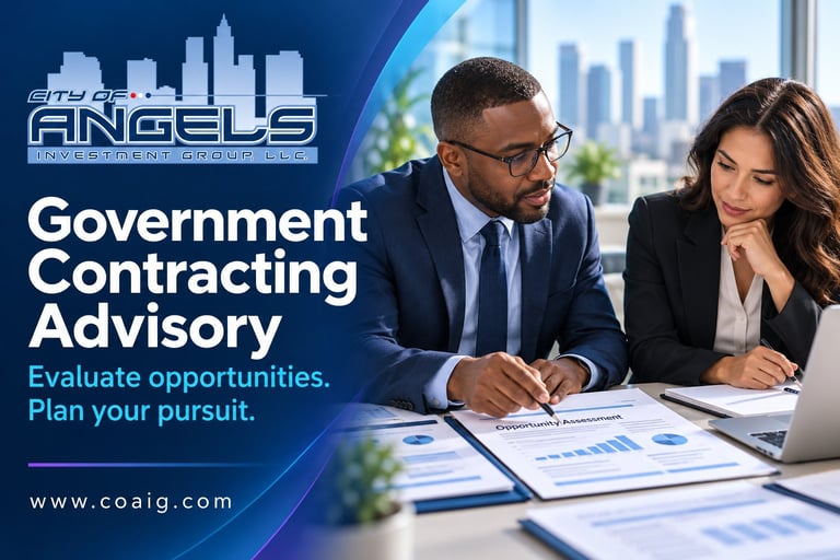 Two business professionals reviewing government contracting documents at a desk with cityscape background and COAIG branding