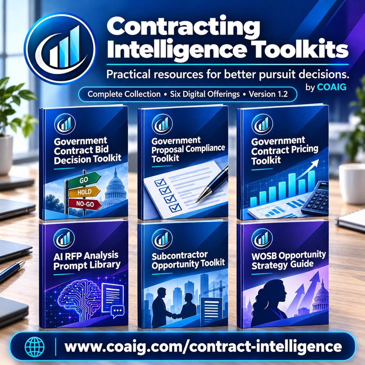 Contracting Intelligence Toolkits promotional graphic showing six digital offerings including bid decision, proposal compliance, contract pricing, RFP analysis, subcontractor opportunity, and WO3B strategy resources by COAIG