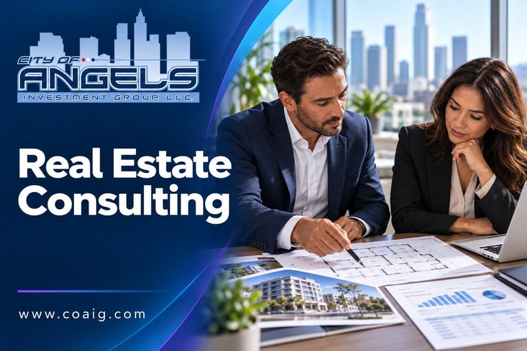 Two business professionals review real estate consulting documents at an office desk with city skyline views in the background