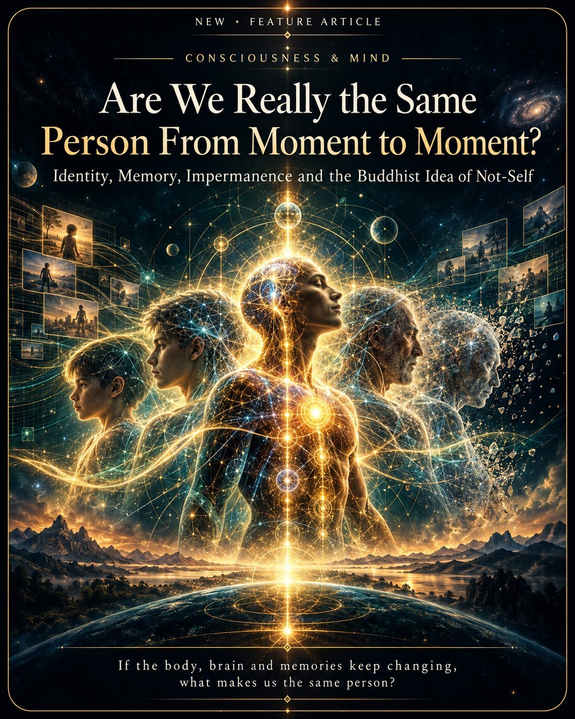 Conceptual illustration exploring personal identity, memory, brain change, impermanence and the Buddhist teaching of not-self across a human lifetime.