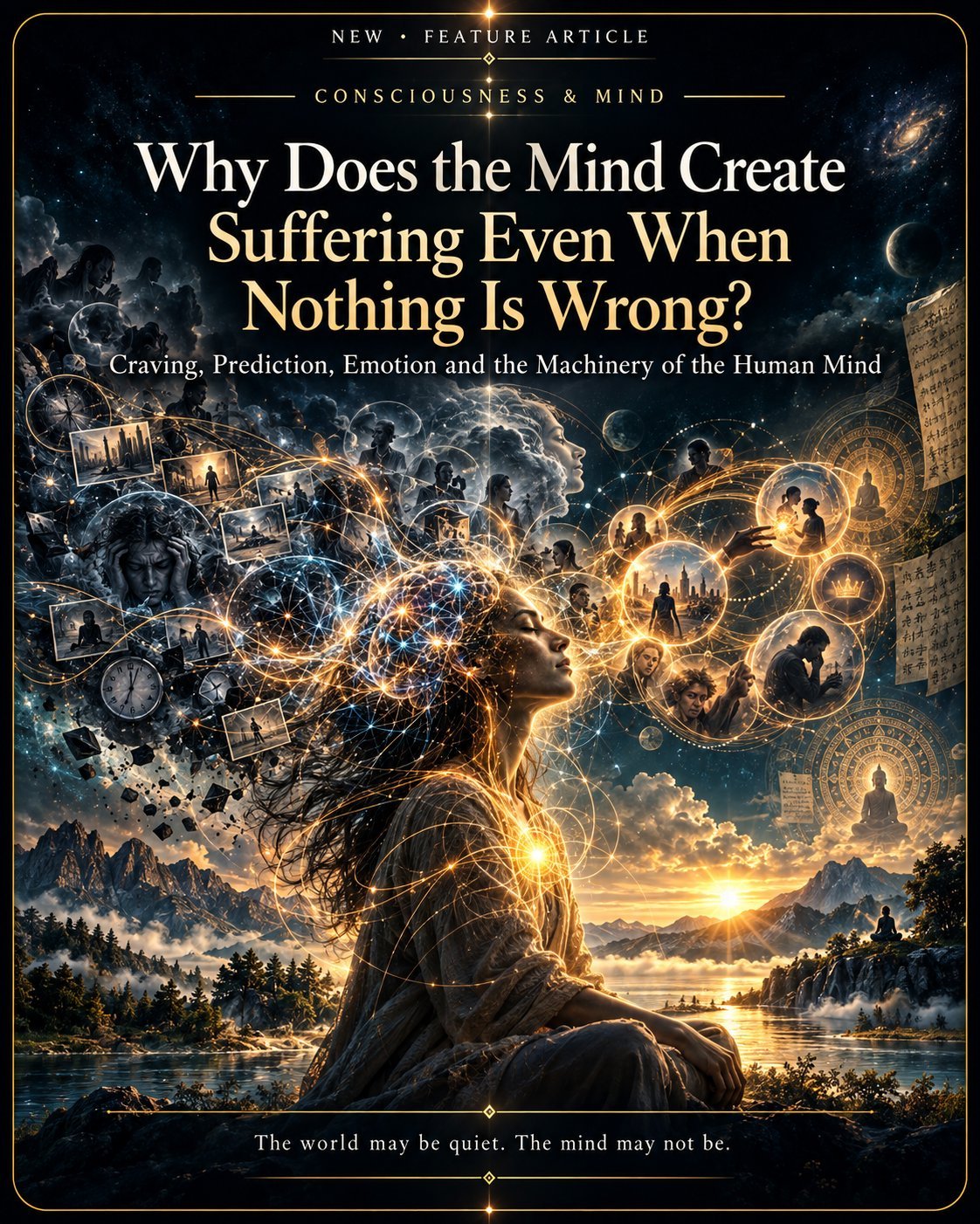 Illustration of a human head silhouette with glowing abstract imagery of gears, clocks, and landscapes, representing consciousness and the minds creation of suffering