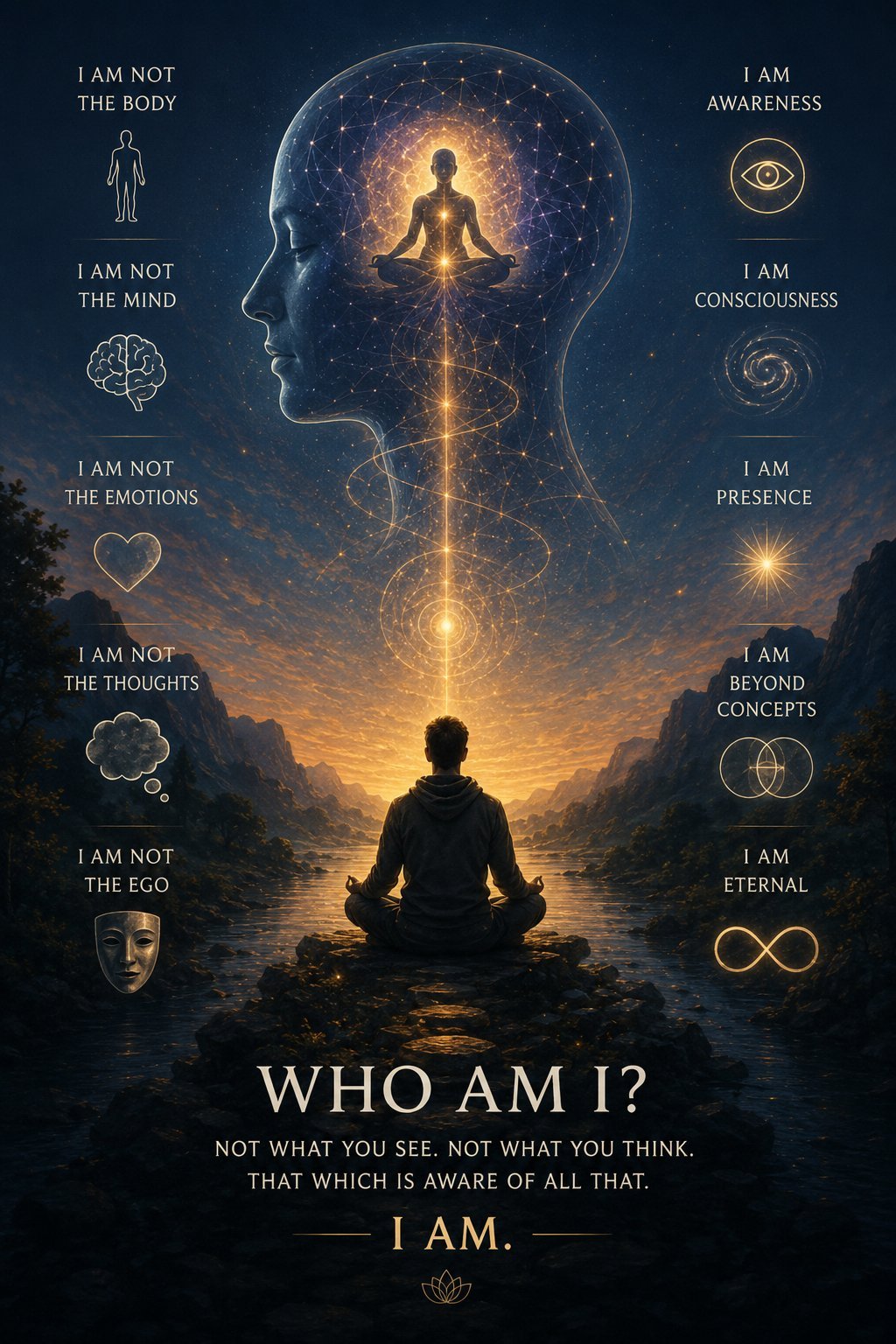 Featured illustration for The Predicting Mind, showing a meditating figure beneath a luminous cosmic head filled with light, surrounded by spiritual affirmations about consciousness, identity and the nature of mind.