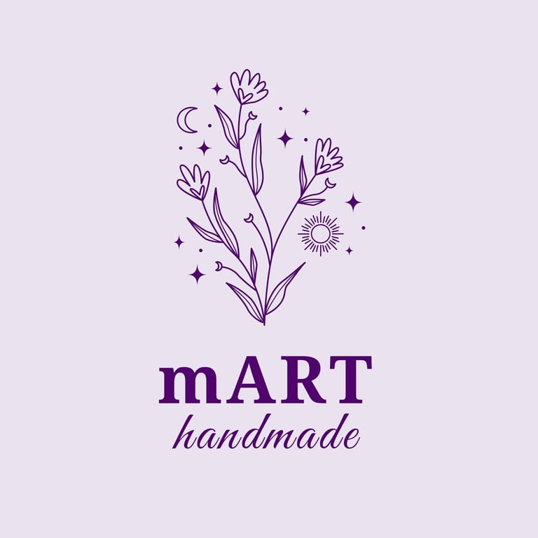 mART handmade logo featuring purple floral botanical design with flowers, moon, and sun on lavender background
