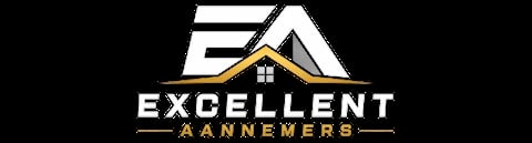 Excellent Aannemers logo featuring a house icon with white and gold text on black background