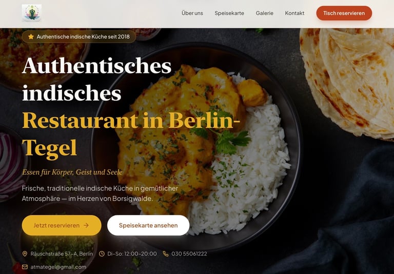Indian restaurant website header showing a curry dish with rice and naan bread in Berlin-Tegel