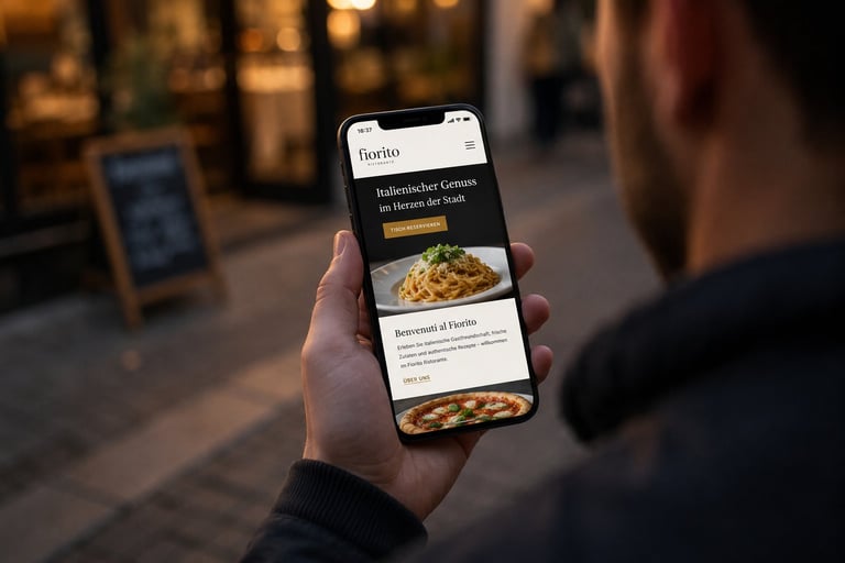 Person holding smartphone displaying a restaurant menu app with food images on an urban street