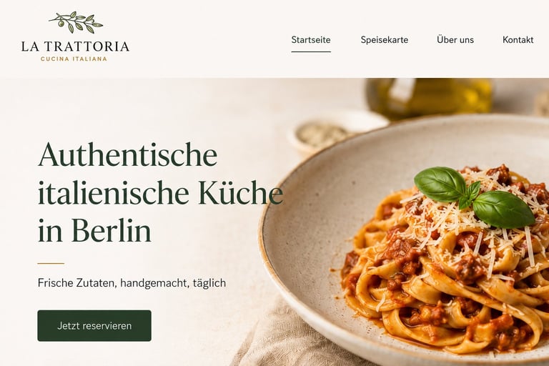 La Trattoria restaurant website showing a pasta dish in a bowl with fresh basil and Authentische italienische Küche in Berlin text