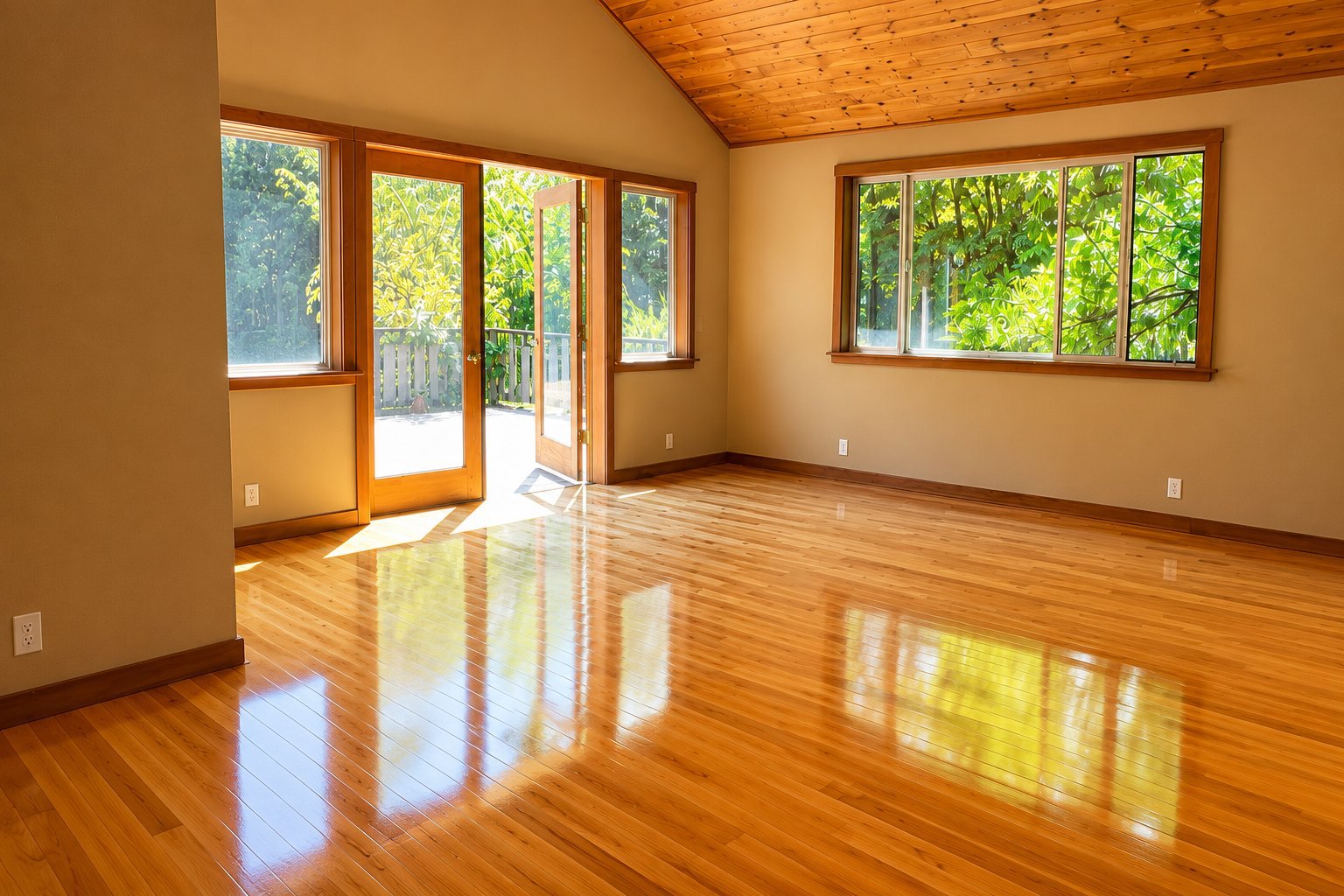 Bright empty room with polished hardwood floors, wood ceiling, and large windows overlooking greenery