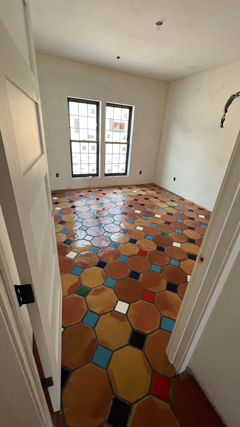 Empty room with white walls, black-framed double windows, and colorful hexagonal tile flooring in terracotta, blue, and other colors