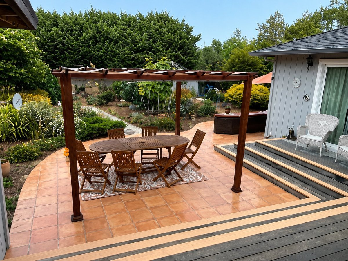 Residential backyard patio with pergola, wooden dining table and chairs on terracotta tiles, adjacent to house and garden landscaping