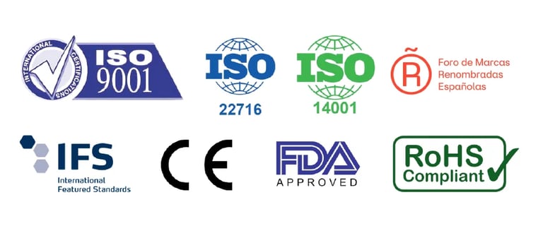 Collection of certification badges including ISO 9001, ISO 22716, ISO 14001, CE mark, FDA approved, IFS, and RoHS compliant