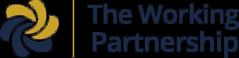 The Working Partnership logo featuring a swirling blue and gold design with text