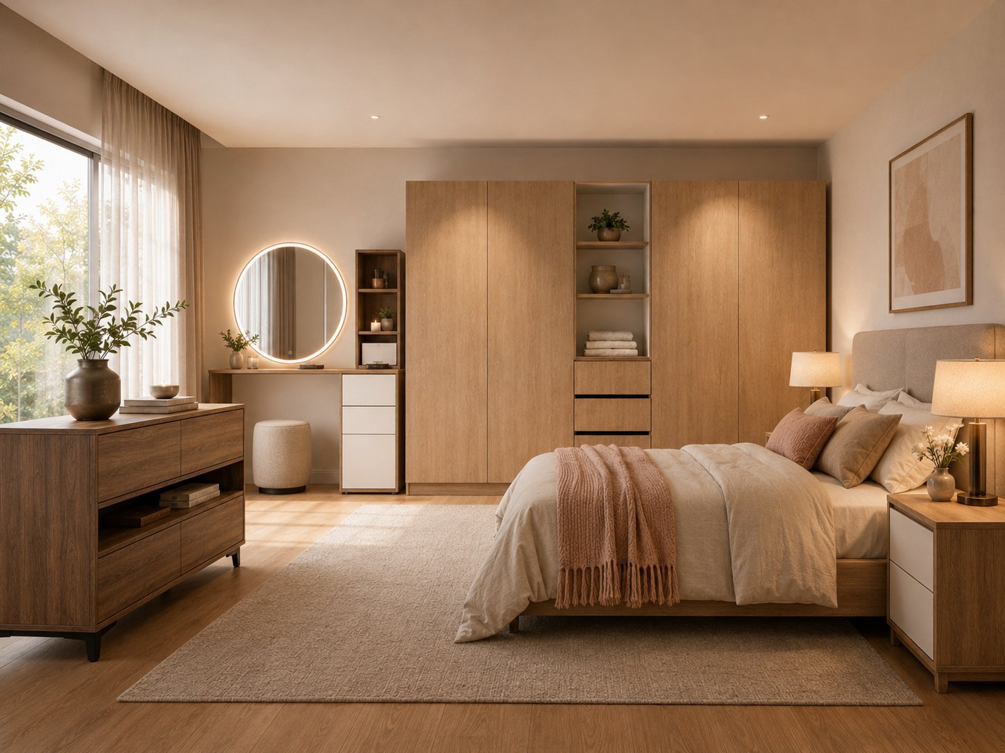 Modern bedroom with wooden furniture, large wardrobe, round mirror, bed with beige bedding, and natural lighting from window