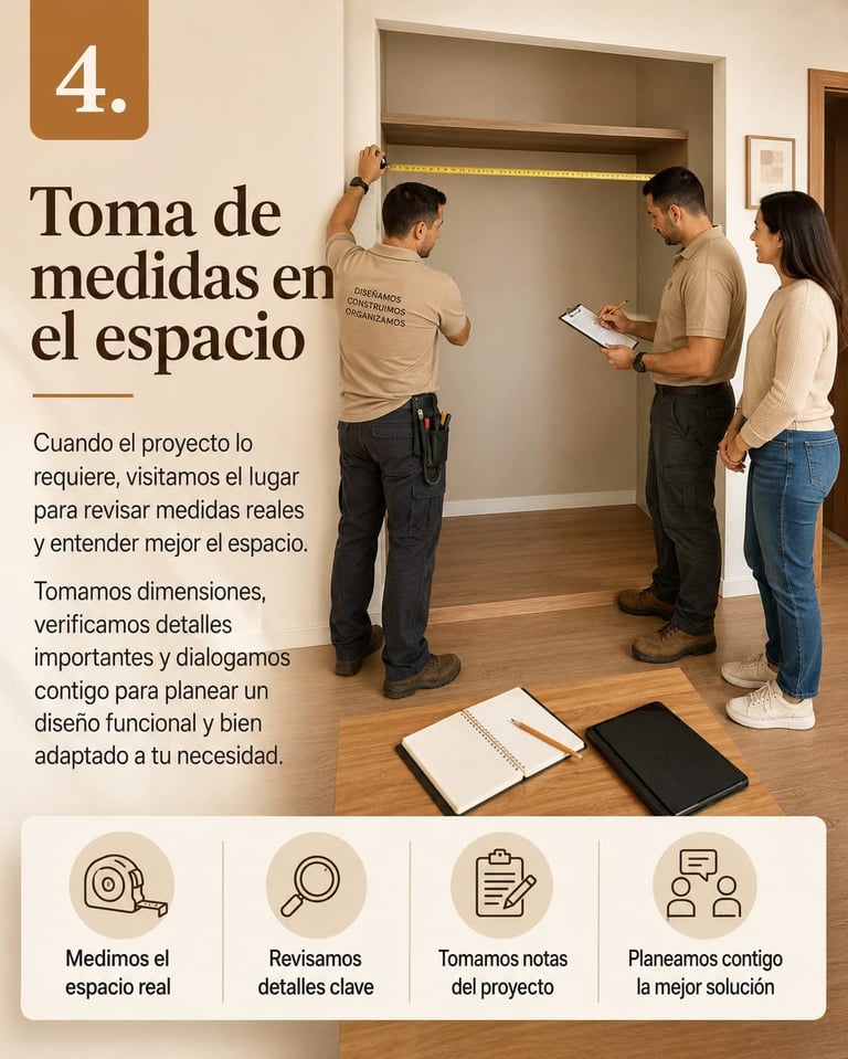 Team of professionals measuring a closet space with tape measure and clipboard during home renovation consultation