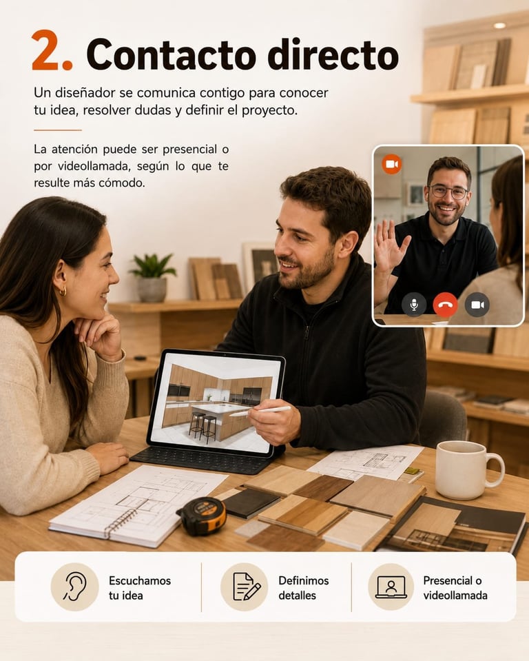 Designer and client collaborating in person over interior design plans on tablet, with video call option shown in corner, in modern home office setting