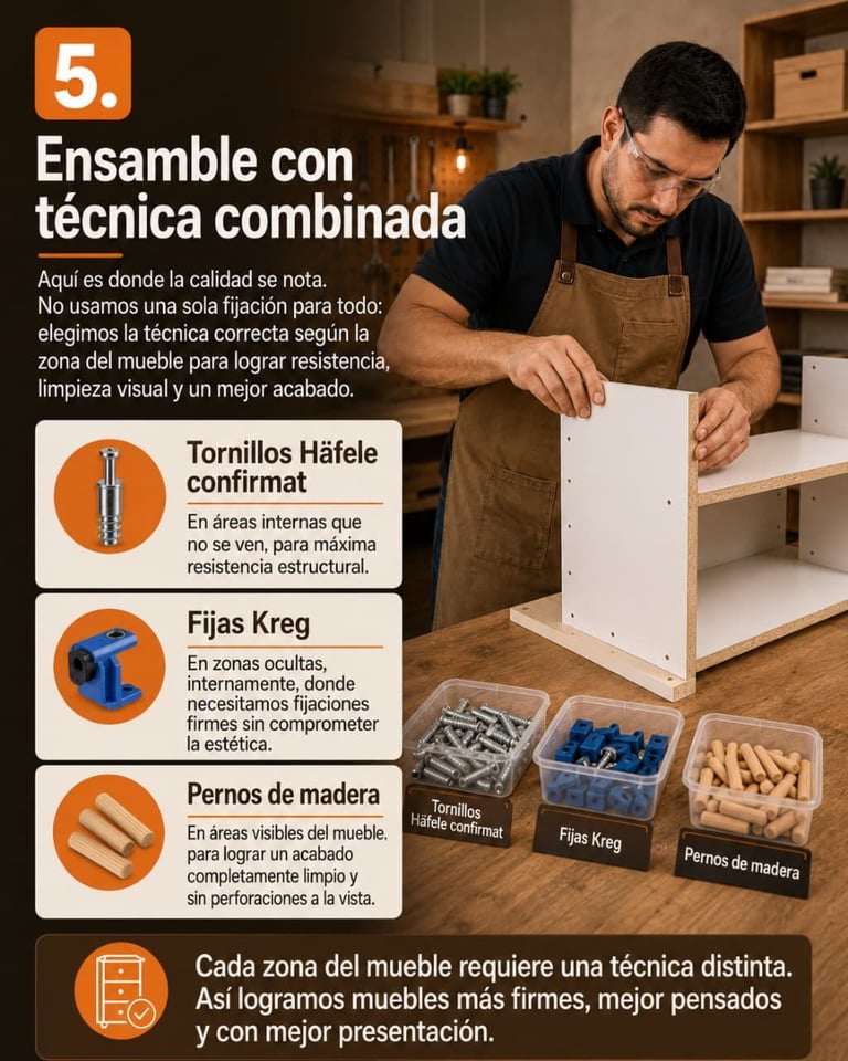 Man assembling white furniture using combined techniques with Hafele screws, Kreg jigs, and wood dowels displayed below