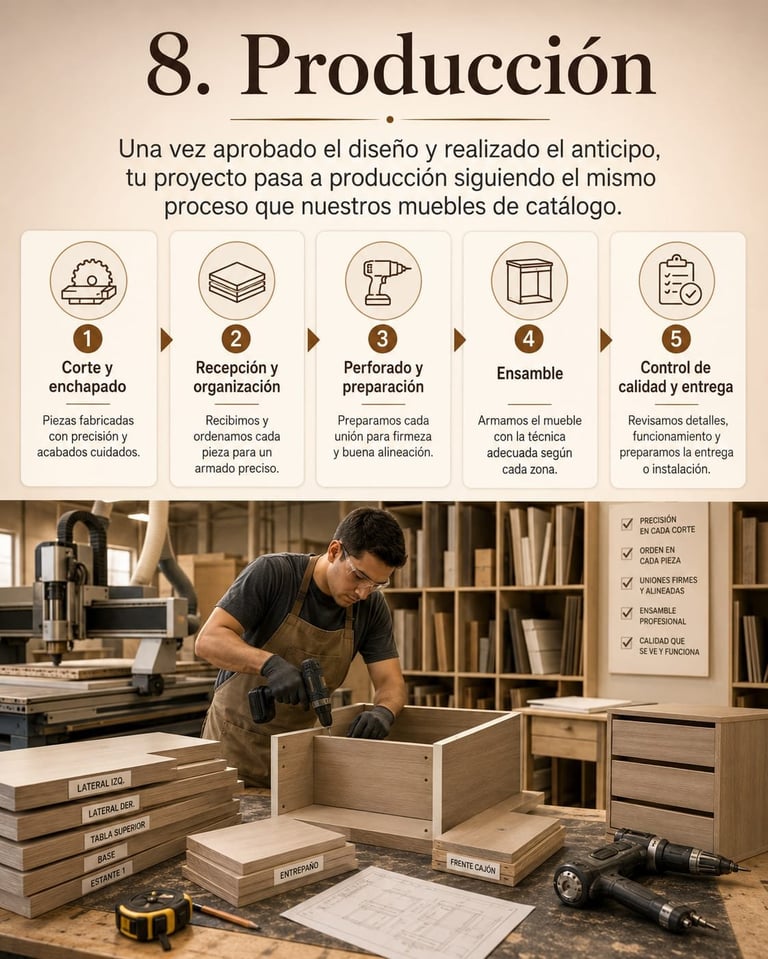 Woodworking production process diagram showing 5 steps from cutting to quality control, with craftsman assembling wooden furniture in workshop