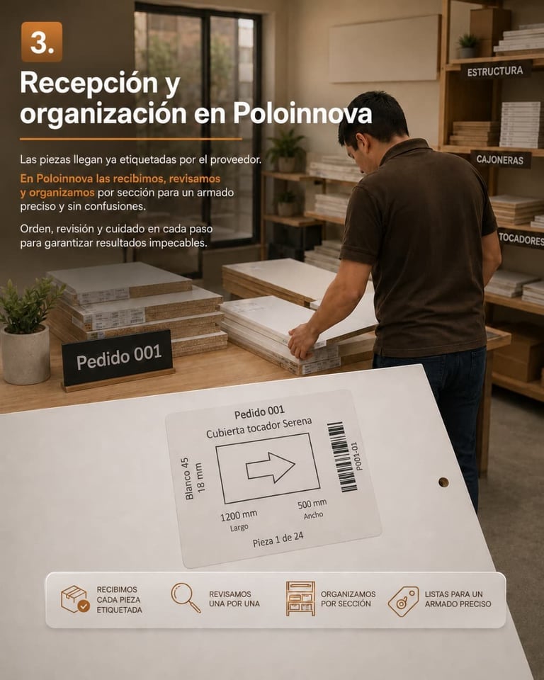 Worker organizing boxed items at Poloinnova reception desk with labeled shipment and organizational process icons displayed