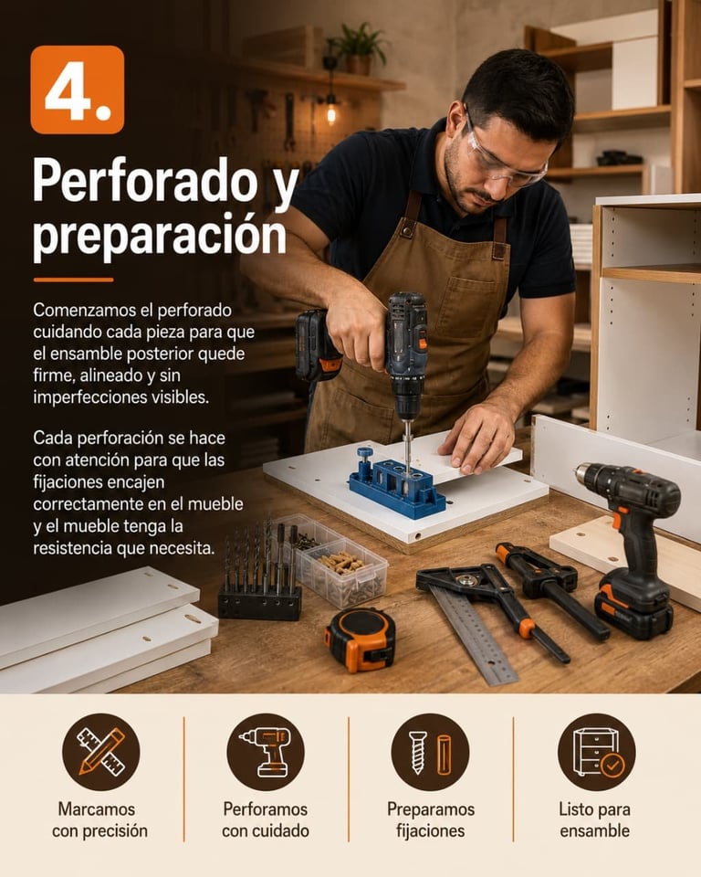 Craftsman in woodworking workshop demonstrating drilling technique with power tools on wooden furniture piece