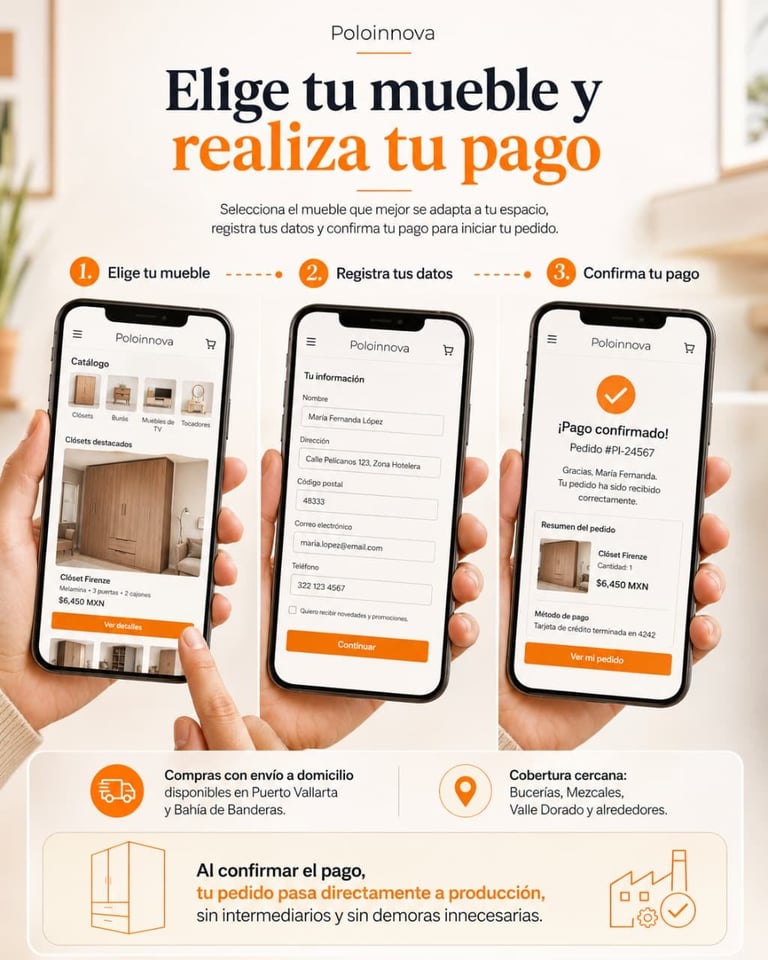 Poloinova mobile app interface showing 3-step process to select furniture, register data, and confirm payment for home delivery