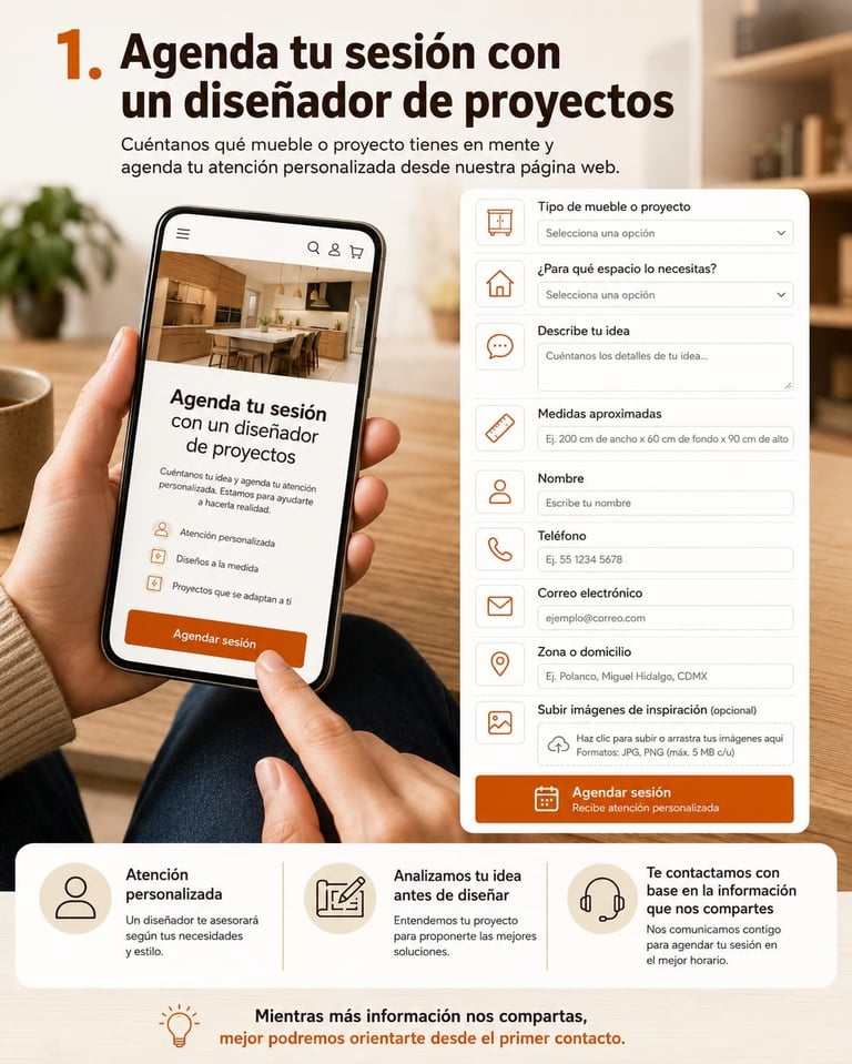 Spanish infographic showing a mobile app for scheduling design consultations with project designers, featuring form fields and consultation benefits