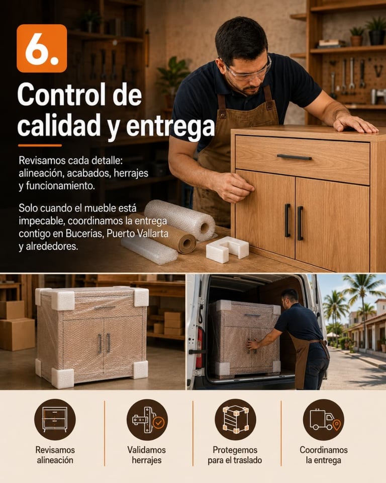 Infographic showing step 6 of furniture quality control and delivery process, with craftsman inspecting wooden cabinet and icons for alignment, hardware, protection, and delivery coordination