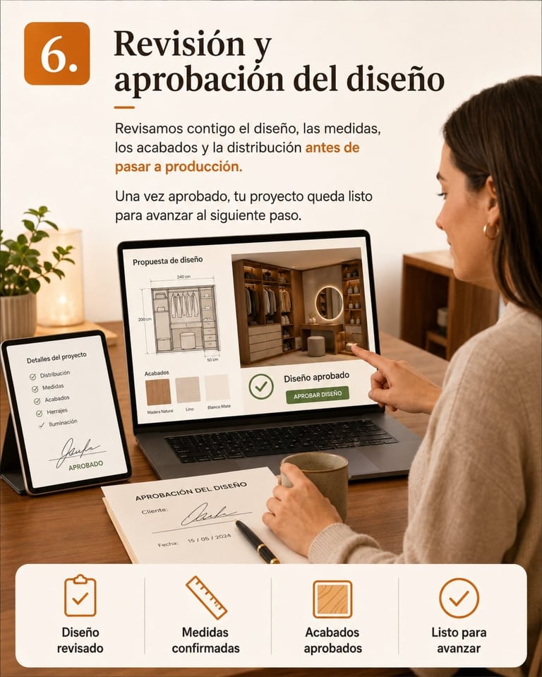 Woman reviewing interior design project on laptop showing 3D renderings, floor plans, and approval checklist during design approval stage