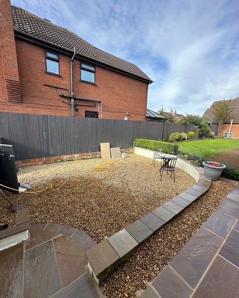 Residential backyard with gravel patio, dark metal fence, brick house, and green lawn under partly cloudy sky