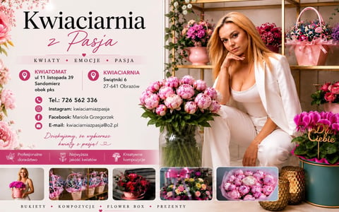 Flower shop advertisement showing woman with pink peonies, contact details, and flower arrangements display