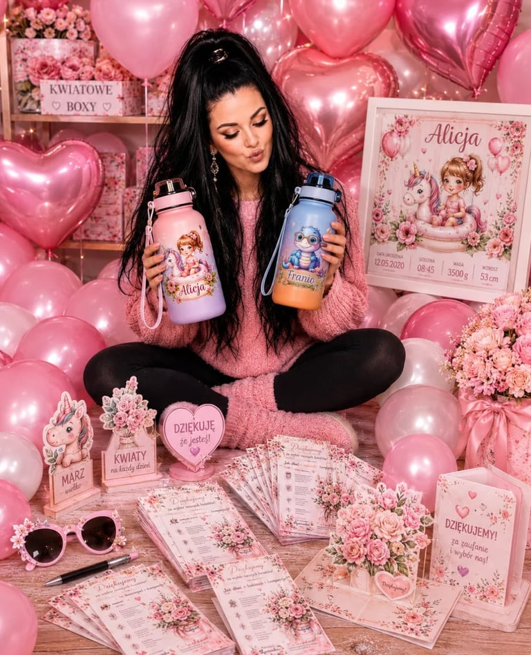 Woman with long dark hair sitting among pink balloons and floral decorations, holding pink and blue water bottles with personalized designs