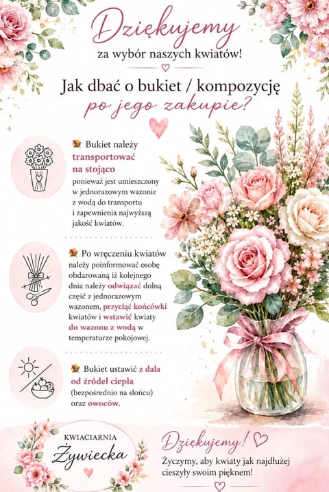 Polish thank you card for flower purchase with pink roses, care instructions, and decorative floral design