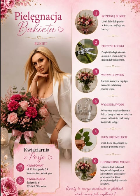 Polish flower care guide poster featuring woman with pink rose bouquet and six numbered flower care tips with circular images