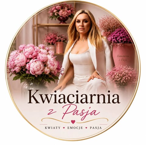 Woman in white dress surrounded by pink flowers with Kwiaciarnia z Pasja text and gold oval frame